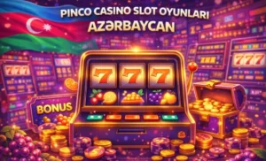 Pinco Casino slot oyunlarını göstərən ilustrasiya, onlayn avtomatlar, rəngarəng qrafika və Azərbaycan oyunçuları üçün uyğunlaşdırılmış kazino mühiti ilə