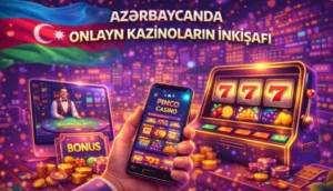 Azərbaycanda onlayn kazinoların inkişafını əks etdirən ilustrasiya, rəqəmsal kazino platformaları, mobil oyunlar və müasir onlayn əyləncə mühiti